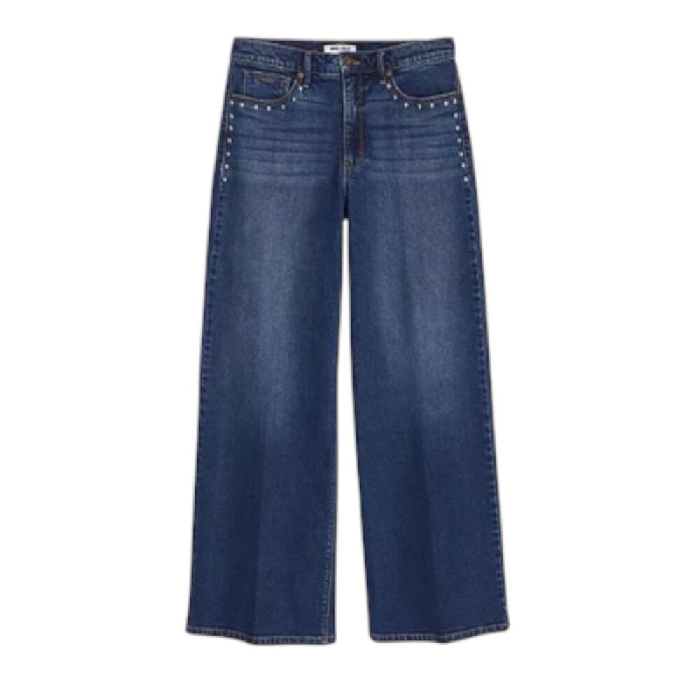 Nine West Wide Leg Jean Size 6 Dark Wash Decorative Studs High Rise Stretch